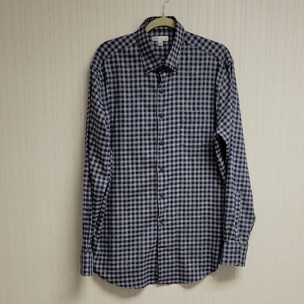 Peter Millar Navy Grey White Gingham Button-Down Shirt Sz Large Office Business